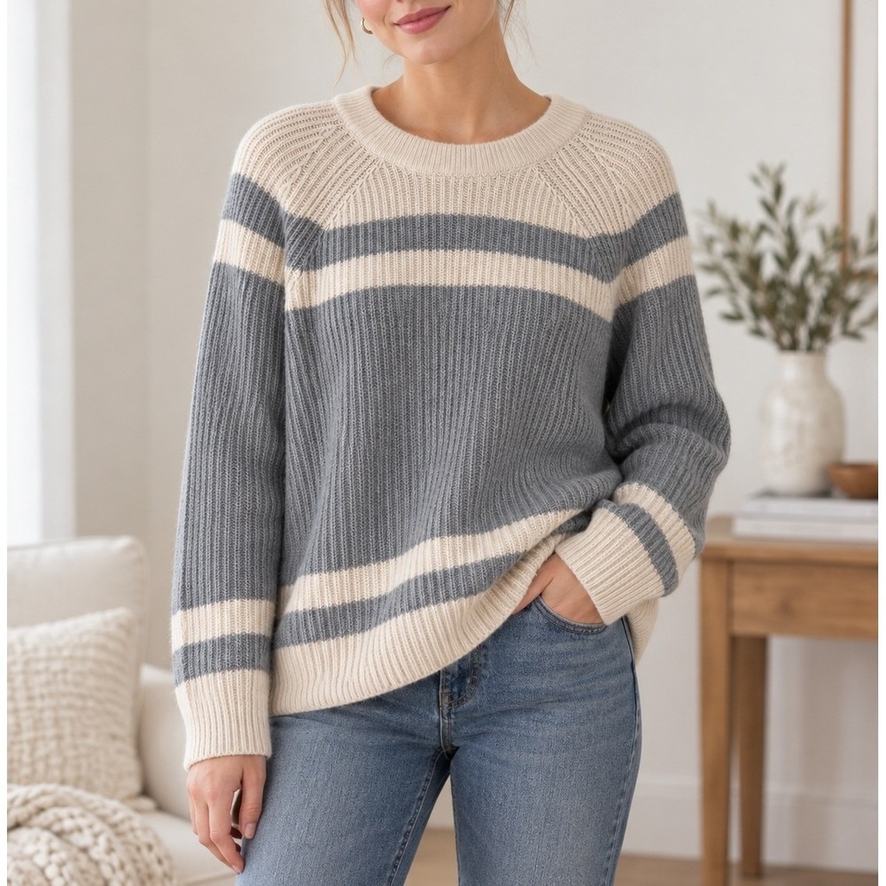 J.Crew Cashmere Sweater Large Grey Cream Striped Ribbed Knit Crewneck Raglan
